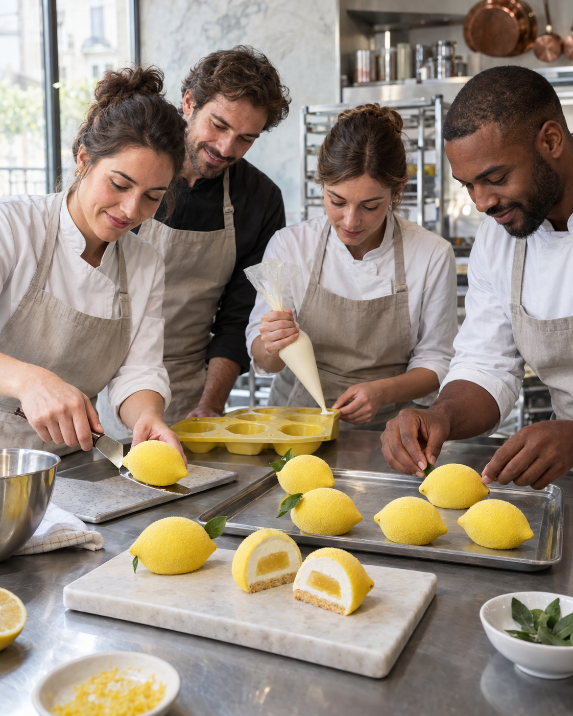 Illustration de quatre participants réalisant des citrons en trompe-l’œil, avec mousse et insert citron